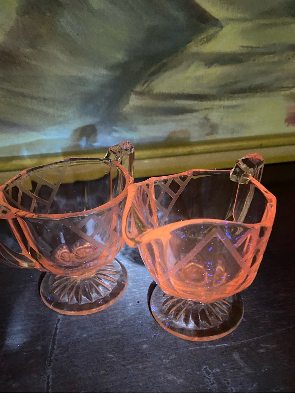 Pink Depression Creamer and Opened Sugar Set With Geometric Etching